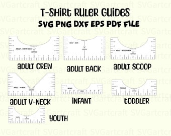 Può includere: Un set di sei guide per t-shirt bianche per diversi scollature e taglie. Le guide sono etichettate "Adult Crew", "Adult Back", "Adult Scoop", "Adult V-Neck", "Infant", "Toddler" e "Youth".