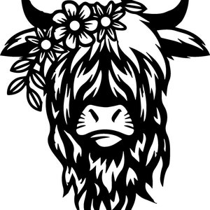 highland cow svg, highland cow head svg, png highland cow with flower, highland cow glowforge cut file, highland cow glowforge svg file