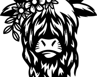 mucca dell'altopiano in formato SVG, testa di mucca dell'altopiano in formato SVG, png mucca dell'altopiano con fiore, file di taglio Glowforge della mucca dell'altopiano, file in formato SVG Glowforge della mucca dell'altopiano