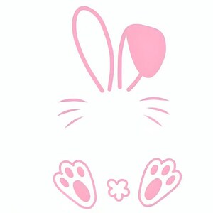 May include: Pink bunny rabbit silhouette with two ears, whiskers, and two paw prints.