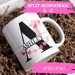 Monograma de urso dividido Love Valentine jpg, png, clipart de monograma com nome floral, gráfico de letras do alfabeto, impressão comercial personalizada sob demanda