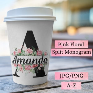 Monograma de flor rosa dividida jpg, png, clipart de monograma com nome floral, gráfico de letras do alfabeto, impressão comercial personalizada sob demanda