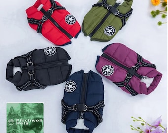 Waterproof Padded Dog Jacket Harness in VARIOUS Colours and Sizes, Warm Fleece Lined Winter Coat For All Dog Sizes