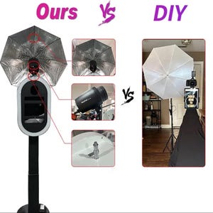 May include: Comparison of a professional photo booth setup with a DIY setup. The professional setup includes a black photo booth with a silver reflector, a flash, and a white backdrop. The DIY setup includes a white umbrella, a camera, and a black backdrop.