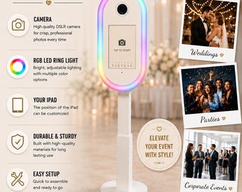 May include: A white photo booth stand featuring a central oval frame with an integrated RGB LED ring light, a touchscreen display, and a top-mounted camera with a white umbrella. The unit includes text labels detailing features like DSLR camera, iPad compatibility, and sturdy metal base construction.
