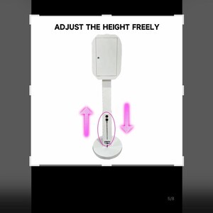 May include: A white stand with a white rectangular box on top. The stand has a black adjustable height mechanism with pink arrows indicating the direction to adjust the height. The text "ADJUST THE HEIGHT FREELY" is displayed above the stand.