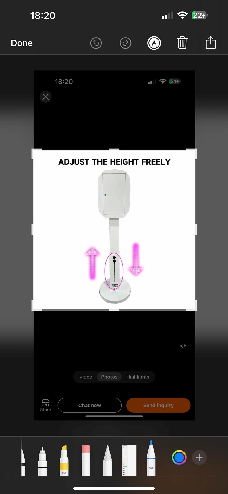 May include: A white stand with a white rectangular box on top. The stand has a black adjustable height mechanism with pink arrows indicating the direction to adjust the height. The text "ADJUST THE HEIGHT FREELY" is displayed above the stand.