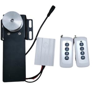May include: A black electric motor with a silver pulley and a white control box. Two white remote controls with black buttons are included.