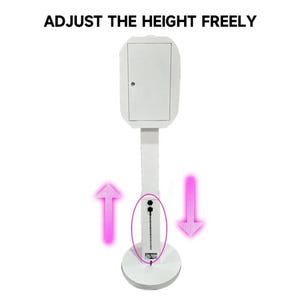 May include: White photo booth stand with a white rectangular box on top. The stand has a telescoping pole that can be adjusted up and down to change the height of the booth. The pole is marked with arrows indicating the direction to adjust the height.