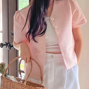 Honeyfärgad kortärmad sommarjacka i tweed | Koreansk stil