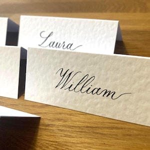 Handwritten Calligraphy Place Cards: Hammered White Card, Metallic Gold or Black Ink, Wedding name cards