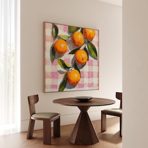 Oranges Still Life Art Print – Large Orange & Pink Canvas Painting – Clementines Aesthetic Artwork for Living Room or Kitchen Wall Decor