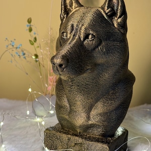 Puede incluir: Busto de perro de color bronce. La escultura presenta una representación detallada de la cabeza y los hombros de un perro, con orejas prominentes y una mirada enfocada. El busto está montado sobre una base rectangular, y la estética general es artística y decorativa.