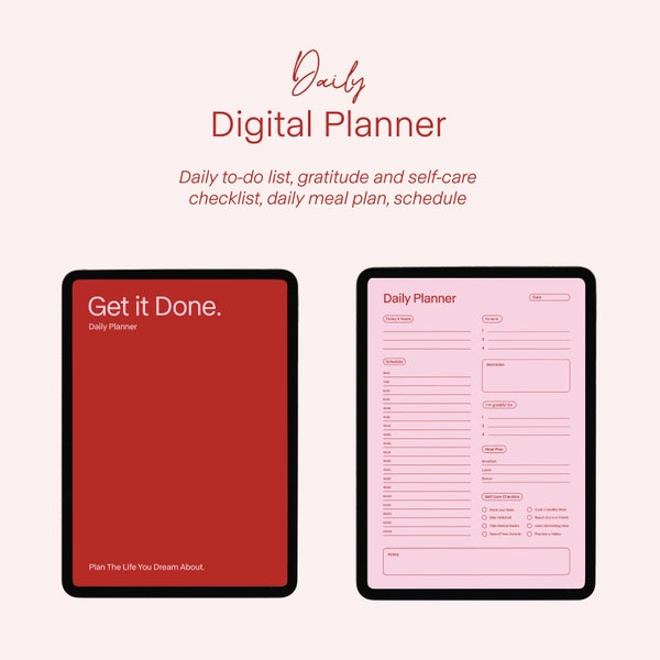 Digital daily planner, colourful and minimalist design, daily to-do list, self-care checklist, meal plan