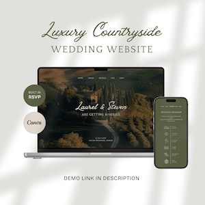 Könnte beinhalten: Ein Laptop und ein Smartphone zeigen eine Hochzeits-Website-Vorlage mit einem Landschaftshintergrund. Auf dem Bildschirm ist der Text Laurel & Steven Are Getting Married, 12 July 2027, Aix-en-Provence, France sowie ein Programm zu sehen.