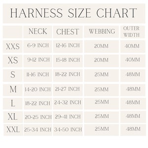 May include: Harness size chart with measurements in inches and millimeters. The chart shows the neck and chest measurements for different sizes, from XXS to XXL.