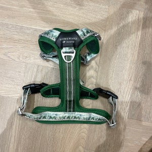 May include: Green dog harness with a white and green pattern. The harness has a black buckle and the text "HOMEWARD hound" on the front.