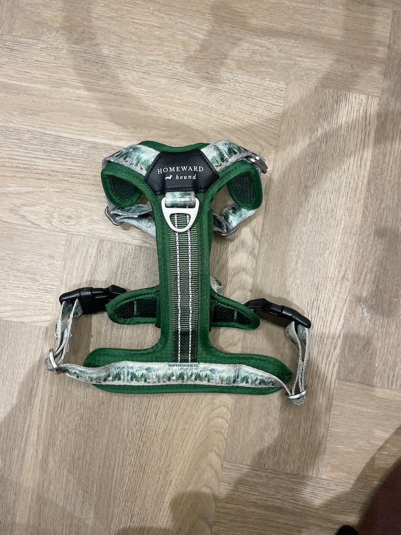 May include: Green dog harness with a white and green pattern. The harness has a black buckle and the text "HOMEWARD hound" on the front.