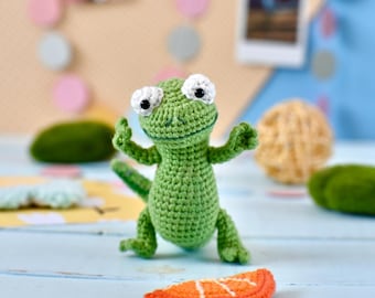 Patroon gehaakte hagedis, groene springende reptielamigurumi Engelse pdf, alien-tutorial, handgemaakt speelgoed DIY