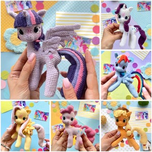 May include: A collection of six crocheted pony figures in various colors including light purple, white, light blue, yellow, pink, and orange. Each pony features large dark eyes, a yarn mane, a tail, and distinct cutie mark embroidery on the flank.