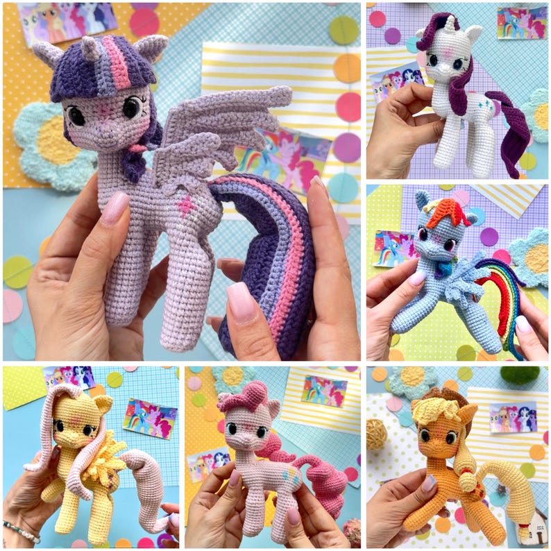 May include: A collection of six crocheted pony figures in various colors including light purple, white, light blue, yellow, pink, and orange. Each pony features large dark eyes, a yarn mane, a tail, and distinct cutie mark embroidery on the flank.