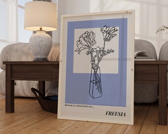 Botanical Print Botanical Drawing Floral Artwork Flower Vase Print Flower Line Art Spring Poster Freesia Print