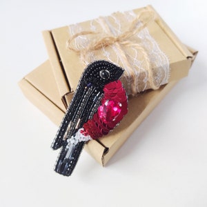 Handmade Bullfinch Brooch, Beaded brooch bird, Embroidery bird, Jewelry bird, Bead embroidery, Brooch for Nature Lover