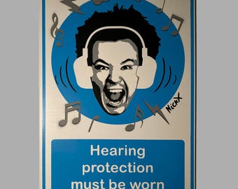 Hearing Protection Must Be Worn - Spray Painted Metal Tin Sign Street Art Graffiti Humorous Funny Gift for Musician, Music Fan, Teenager