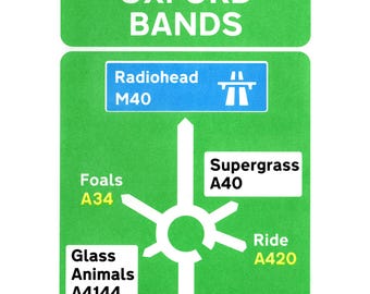 Oxford Bands A4 Art Screen Print - Supergrass, Foals, Glass Animals, Ride - Humorous Funny Fun Gift for Musician, Music Fan