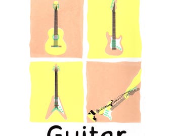Let's Learn Music Words - Four Guitars - Limited Edition Handmade A3 Art Screen Print