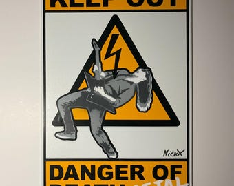 Keep Out Danger of Death Metal - Spray Painted Tin Sign Street Art Graffiti Humorous Funny Gift for Musician, Heavy Metal Music Fan, Teen