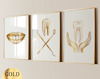 3 tandheelkundige kunst tand zorg kunst medische kunst tandheelkunde kunst unieke tandarts cadeau goudfolie kunst tandheelkundige kliniek muur decor mondhygiënist cadeau