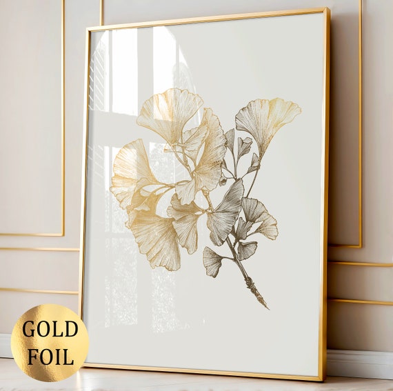 Gold Gingko Leaf Art Gingko Branch Art Botanical Art Floral Wall Decor Exotic Tree Poster Home Wall Decor Living Room Decor Gold Foil Print