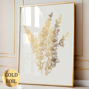 Arte de Dephinium Dourado, Flores, Arte Botânica, Decoração Floral de Parede, Pôster de Flores de Jardim, Decoração de Parede para Casa, Decoração de Sala de Estar, Impressão em Folha de Ouro