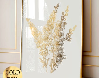 Gold Dephinium Art Flowers Art Botanical Art Floral Wall Decor Garden Flowers Poster Home Wall Decor Living Room Decor Gold Foil Print