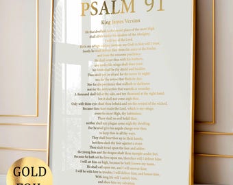 Psalm 91, King James Version, Psalm 91 KJV, Christian Poster, Psalm Wall Art, Christian Wall Decor, Religious Gift, Bible Verse, Gold Foil