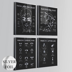 4 Piercing Posters Ear Piercing Chart Face Piercing Diagram Piercing Aftercare Piercer Gift Piercing Salon Decor Silver Foil Print