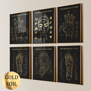 6 Reflexologie Diagramm Medizinische Kunst Mentale Gesundheit Therapie Hand Fuß Gesicht Ohr Reflexologie Punkte Massage Klinik Dekor Goldfolie Druck