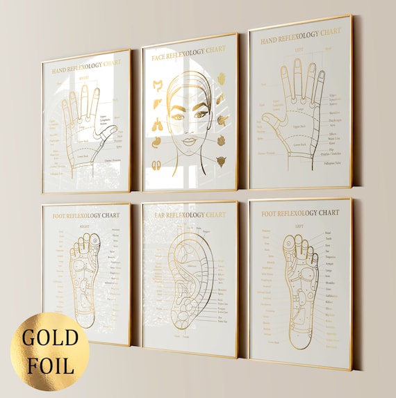 Set 6 Reflexology Chart Massage Therapy Art Medical Art Hand Foot Face Ear Reflexology Points Massage Clinic Decor Gold Foil Print