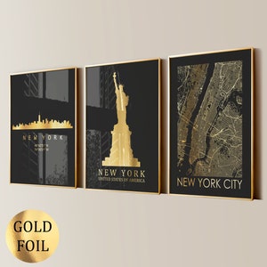 3 affiches de la ville de New York, carte d'art, impression de feuille d'or, affiche de paysage urbain de New York, art de la ligne d'horizon, statue de la liberté, art mural pour la maison, décoration murale pour bureau