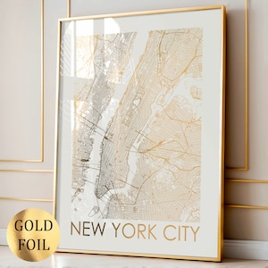 Carte de la ville de New York, affiche de carte des rues des États-Unis, art mural de la ville des États-Unis, décoration murale pour la maison, décoration de salon, art mural moderne, impression de feuille d'or de pendaison de crémaillère