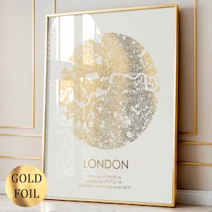 Carte de Londres en or, impression de feuille d'or, décoration murale de carte, cadeau de voyageur, décoration murale pour la maison, cadeau de pendaison de crémaillère, art mural de salon, art mural moderne