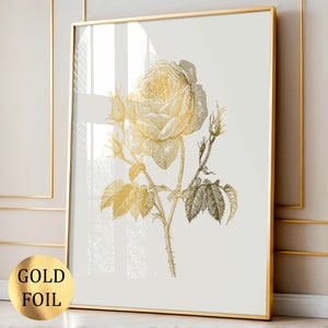 Arte de rosas doradas, arte floral, póster de flores de jardín, arte botánico, decoración floral de pared, decoración del hogar, decoración de sala de estar, decoración de dormitorio, lámina dorada