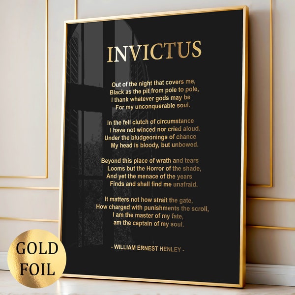 Invictus de William Ernest Henley Poema Arte Famoso Cartel de Literatura Decoración de la Sala de Estar Lámina de Oro Impresión Cita Arte Verso Arte Decoración de Pared Moderna