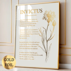Poesia Invictus, William Ernest Henley, Poster con citazione, Arte, Decorazione per soggiorno, Arte letteraria, Arte poetica, Arte floreale, Stampa in lamina d'oro