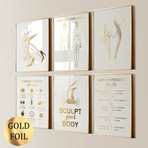 以下が含まれることがあります： ボディ彫刻に関する情報を示した、金箔で縁取られた6枚のポスター。ポスターには、体のイラスト、ボディ彫刻の利点、施術後のケアに関する説明が記載されています。ポスターは白地に金箔の文字とイラストで構成されています。