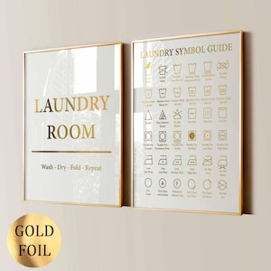 2 Quadri da parete per la lavanderia: Guida ai simboli per la lavanderia e la cura dei mobili, Decorazione per la lavanderia, Stampa con lamina d'oro