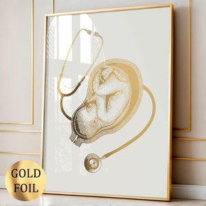 Arte del embarazo Arte del feto en el útero Regalo de partera Póster de cuidado del bebé Arte ginecológico Arte de enfermería Regalo para embarazadas Regalo de obstetra Impresión en papel dorado