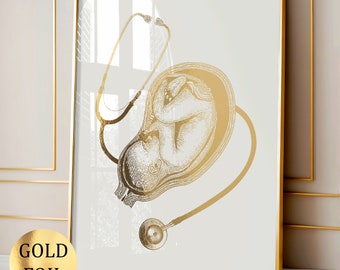 Pregnancy Art Fetus in Womb Art Midwife Gift Baby Care Poster Gynecology Art Nursing Art Pregnant Gift Obstetrician Gift Gold Foil Print