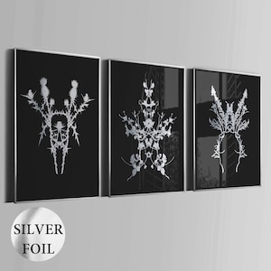 Peut inclure: Un ensemble de trois impressions murales rectangulaires présentant des illustrations botaniques en feuille d'argent sur fond noir uni, chacune encadrée d'un fin cadre argenté. Les motifs végétaux symétriques sont détaillés.